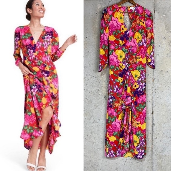 Rixo target red coral Hawaiian floral ruffle midi dress xs 2 - Picture 1 of 10